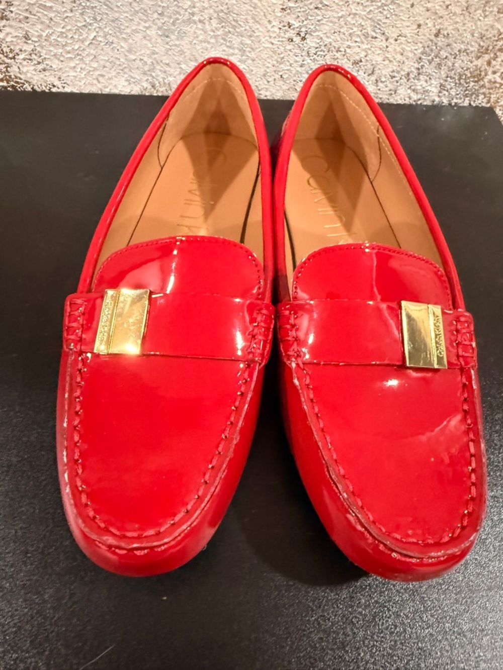 Calvin Klein Red Patent Loafers with Gold Plaque